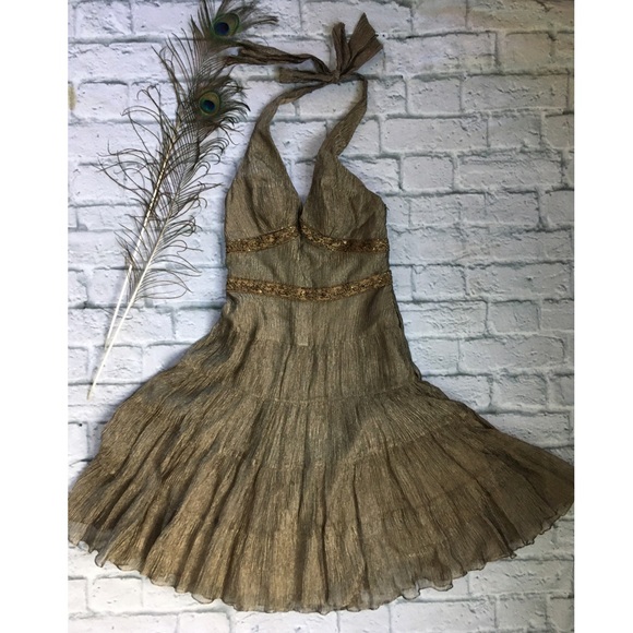 ⭐️Cache 4 Halter Bronze Silk Crinkle Beaded Lined - Picture 1 of 8